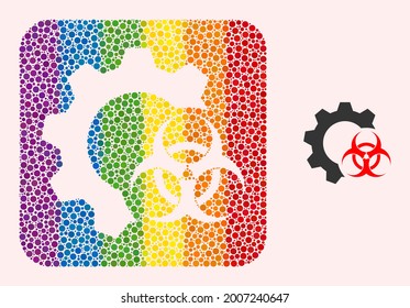 Pictograma del agujero de la industria del riesgo biológico de mosaicos punteados para LGBT. El mosaico cuadrado redondeado de color rodea el agujero de la industria del riesgo biológico. Colores del espectro LGBT. Combinación de puntos de círculo en la industria del riesgo biológico de vectores.