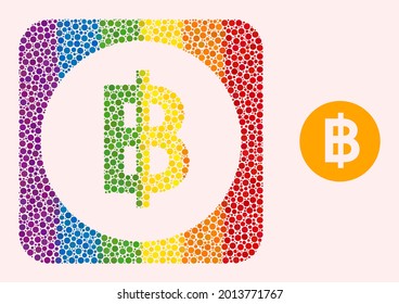 Icono de esténcil de monedas de bitcoin de mosaico punteado para LGBT. El mosaico rectangular redondeado de color arcoiris está alrededor de un agujero de moneda de bitcoin. Colores del arcoiris LGBT. La composición de la moneda de bitcoína vectorial de los elementos de círculo.