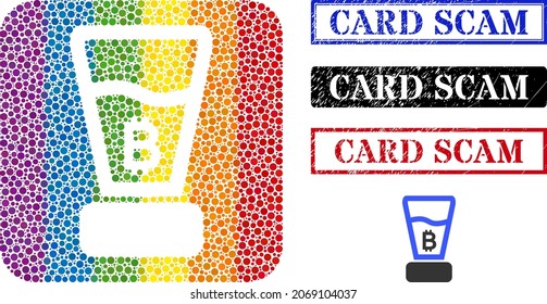 Dotted mosaic bitcoin mixer carved icon for LGBT, and grunge CARD SCAM seals. Rectangle seals have CARD SCAM caption inside frames.