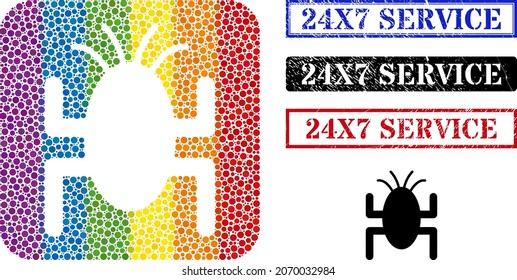 Dotted mosaic bug tick hole pictogram for LGBT, and grunge 24X7 SERVICE seals. Rectangle stamp seals have 24X7 SERVICE text inside frames. Colored rounded rectangle mosaic is around bug tick hole.