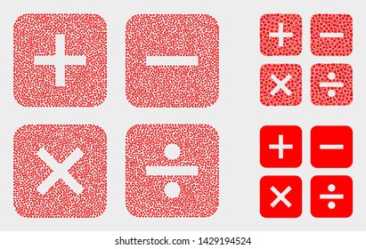 Dotted and mosaic calculator icons. Vector icon of calculator organized of scattered spheric dots. Other pictogram is organized from rectangle elements.