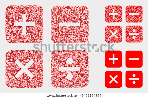 Dotted and mosaic calculator icons. Vector icon\
of calculator organized of scattered spheric dots. Other pictogram\
is organized from rectangle\
elements.