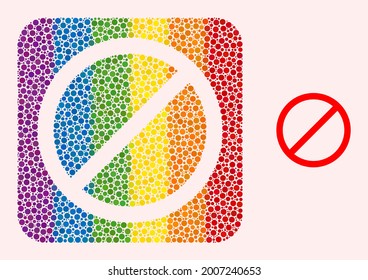 Dotted mosaic cancel stencil icon for LGBT. Rainbow colored rounded square mosaic is around cancel cut out shape. LGBT rainbow colors. Vector cancel combination of circle points.