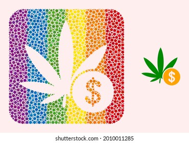 Dotted mosaic cannabis investing carved icon for LGBT. Multicolored rounded square mosaic is around cannabis investing stencil. LGBT rainbow colors.