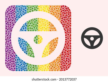 Dotted mosaic car steering wheel stencil pictogram for LGBT. Rainbow colored rounded rectangle mosaic is around car steering wheel subtracted shape. LGBT rainbow colors.