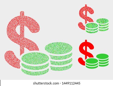 Dotted and mosaic cash icons. Vector icon of cash created of randomized round elements. Other pictogram is composed from rectangle elements.