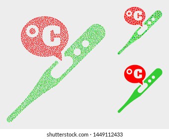 Dotted and mosaic celsius thermometer icons. Vector icon of celsius thermometer formed of random spheric elements. Other pictogram is organized from elements.