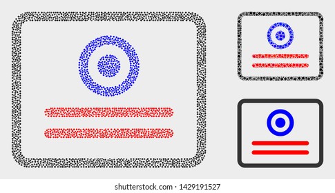 Dotted and mosaic certificate icons. Vector icon of certificate constructed of random circle items. Other pictogram is combined from rectangle elements.