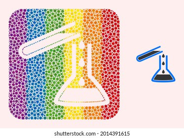 Dotted mosaic chemical liquid glasses subtracted icon for LGBT. Color rounded rectangle mosaic is around chemical liquid glasses subtracted space. LGBT spectrum colors.