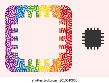 Dotted mosaic chip subtracted icon for LGBT. Multicolored rounded square mosaic is around chip subtracted space. LGBT spectrum colors. Vector chip combination of circle elements.