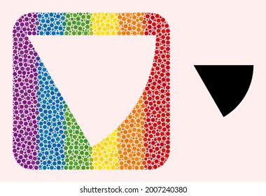 Dotted mosaic circle sector stencil pictogram for LGBT. Color rounded rectangle collage is around circle sector stencil. LGBT spectrum colors. Vector circle sector combination of sphere dots.