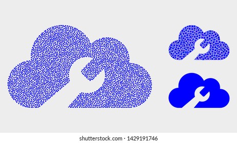 Dotted and mosaic cloud wrench icons. Vector icon of cloud wrench composed of irregular circle pixels. Other pictogram is designed from square pixels.