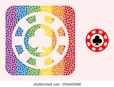 Dotted mosaic clubs casino chip stencil pictogram for LGBT. Multicolored rounded rectangle mosaic is around clubs casino chip stencil. LGBT spectrum colors.