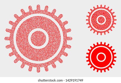 Dotted and mosaic cog icons. Vector icon of cog created of scattered circle items. Other pictogram is formed from rectangle elements.