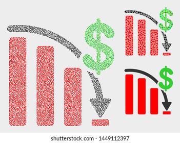 Dotted and mosaic crisis bar chart icons. Vector icon of crisis bar chart combined of randomized circle dots. Other pictogram is organized from dots.