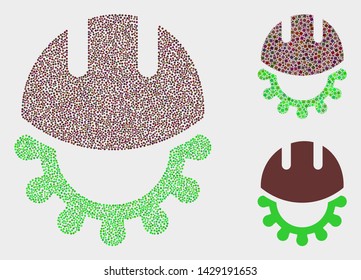 Dotted and mosaic development helmet icons. Vector icon of development helmet composed with random round dots. Other pictogram is designed from dots.