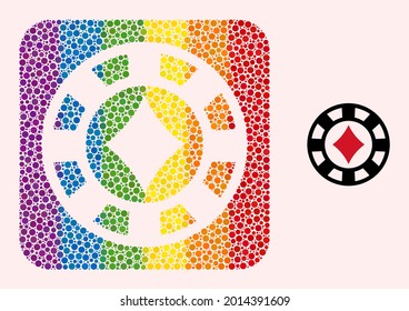 Dotted mosaic diamonds casino chip subtracted pictogram for LGBT. Rainbow colored rounded square mosaic is around diamonds casino chip subtracted shape. LGBT rainbow colors.