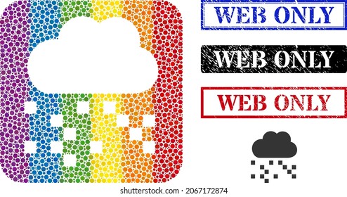 Dotted mosaic digital cloud carved icon for LGBT, and grunge WEB ONLY seals. Rectangle seals have WEB ONLY caption inside frames. Color rounded rectangle mosaic is around digital cloud stencil.