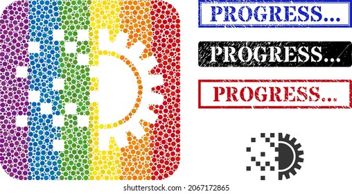 Dotted mosaic digital gearwheel generation carved icon for LGBT, and grunge PROGRESS... stamps. Rectangle stamps contain PROGRESS... tag inside frames.