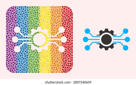 Dotted mosaic digital machine hole icon for LGBT. Rainbow colored rounded square mosaic is around digital machine subtracted shape. LGBT rainbow colors.