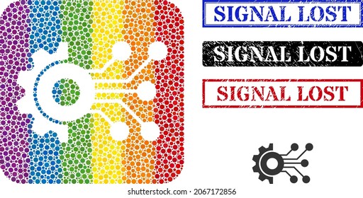 Dotted mosaic digital mechanics hole pictogram for LGBT, and grunge SIGNAL LOST seals. Rectangle stamp seals contain SIGNAL LOST text inside frames.