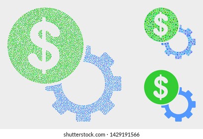 Dotted and mosaic dollar setup gear icons. Vector icon of dollar setup gear combined of irregular circle dots. Other pictogram is combined from square dots.