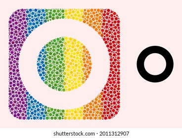 Dotted mosaic donut carved pictogram for LGBT. Multicolored rounded rectangle mosaic is around donut carved shape. LGBT rainbow colors. Vector donut composition of round spots.