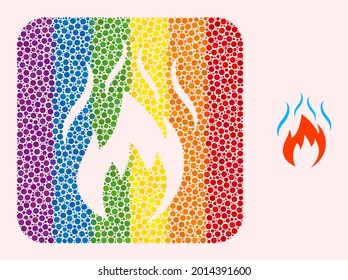 Dotted mosaic fire with smoke carved pictogram for LGBT. Rainbow colored rounded rectangle mosaic is around fire with smoke cut out shape. LGBT rainbow colors.