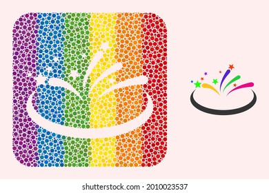 Gedottes Mosaik Feuerwerk Bereich Schablone für LGBT. Rainbow gefärbte abgerundete Rechteck-Collage ist um Feuerwerksfläche Schablone. LGBT-Regenbogenfarben. Vektorgrafik-Feuerwerk-Flächenzusammensetzung von Kugel-Pixeln.