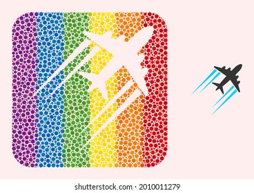 Dotted mosaic flying airplane trace subtracted icon for LGBT. Color rounded rectangle mosaic is around flying airplane trace subtracted space. LGBT rainbow colors.