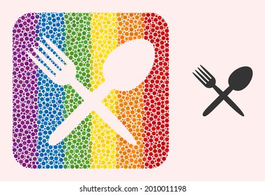 Dotted mosaic fork and spoon subtracted pictogram for LGBT. Colored rounded square mosaic is around fork and spoon subtracted shape. LGBT spectrum colors.