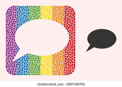 Mensaje de foro de mosaico con dibujos tallados para LGBT. El mosaico cuadrado multicolor redondeado está alrededor de la forma de mensaje del foro tallado. Colores del arcoiris LGBT. Composición de mensajes del foro vectorial de puntos esféricos.