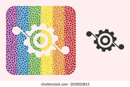 Dotted mosaic gear solution hole icon for LGBT. Rainbow colored rounded rectangle mosaic is around gear solution hole. LGBT spectrum colors. Vector gear solution combination of spheric dots.