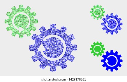 Dotted and mosaic gears rotation icons. Vector icon of gears rotation organized of random spheric pixels. Other pictogram is created from square particles.