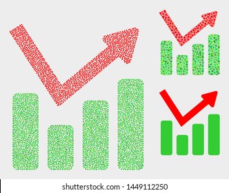 Dotted and mosaic graph chart icons. Vector icon of graph chart organized with scattered spheric dots. Other pictogram is organized from square dots.
