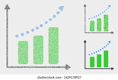 Dotted and mosaic growing chart icons. Vector icon of growing chart formed of irregular circle dots. Other pictogram is constructed from dots.