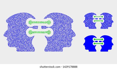 Dotted and mosaic head links integration icons. Vector icon of head links integration constructed of random circle points. Other pictogram is constructed from square pixels.