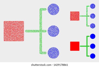 Dotted and mosaic hierarchy icons. Vector icon of hierarchy combined of scattered spheric dots. Other pictogram is organized from square dots.