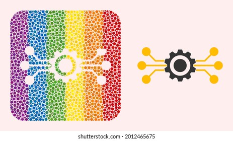 Dotted mosaic hitech gear carved pictogram for LGBT. Rainbow colored rounded square mosaic is around hitech gear carved shape. LGBT rainbow colors. Vector hitech gear composition of sphere points.