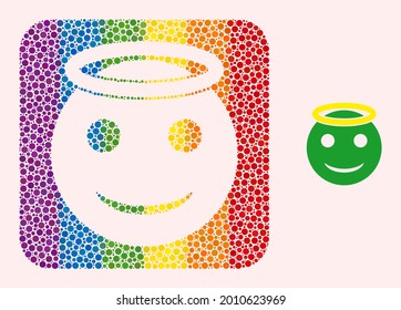 Dotted mosaic holy smiley hole icon for LGBT. Colored rounded square mosaic is around holy smiley hole. LGBT rainbow colors. Vector holy smiley combination of spheric pixels.