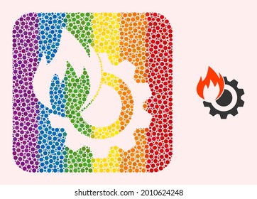 Dotted mosaic hot gear carved icon for LGBT. Color rounded rectangle mosaic is around hot gear carved shape. LGBT spectrum colors. Vector hot gear combination of spheric elements.