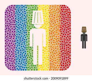 Dotted mosaic idiot man subtracted pictogram for LGBT. Multicolored rounded rectangle mosaic is around idiot man subtracted space. LGBT spectrum colors. Vector idiot man composition of spheric points.