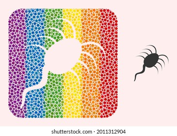 Dotted mosaic infection microbe subtracted pictogram for LGBT. Rainbow colored rounded rectangle collage is around infection microbe subtracted space. LGBT rainbow colors.