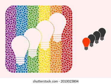 Dotted mosaic lamp bulbs carved icon for LGBT. Rainbow colored rounded rectangle collage is around lamp bulbs carved shape. LGBT rainbow colors. Vector lamp bulbs combination of spheric items.