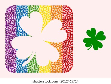 Dotted mosaic lucky clover leaf hole pictogram for LGBT. Multicolored rounded square mosaic is around lucky clover leaf hole. LGBT rainbow colors.