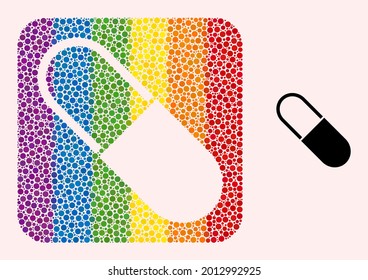 Dotted mosaic medical capsule carved pictogram for LGBT. Rainbow colored rounded rectangle mosaic is around medical capsule subtracted space. LGBT rainbow colors.
