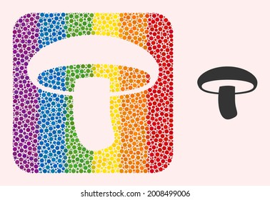Dotted mosaic mushroom hole icon for LGBT. Rainbow colored rounded square mosaic is around mushroom subtracted shape. LGBT rainbow colors. Vector mushroom combination of circle points.