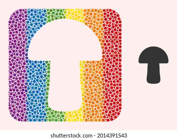 Dotted mosaic mushroom subtracted pictogram for LGBT. Rainbow colored rounded square mosaic is around mushroom carved shape. LGBT rainbow colors. Vector mushroom combination of round items.