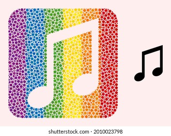 Dotted mosaic music notes stencil icon for LGBT. Color rounded rectangle mosaic is around music notes stencil. LGBT rainbow colors. Vector music notes composition of round items.