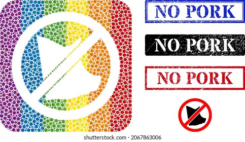 Dotted mosaic no pork hole pictogram for LGBT, and grunge NO PORK seals. Rectangle seals contain NO PORK caption inside frames. Rainbow colored rounded square mosaic is around no pork hole.